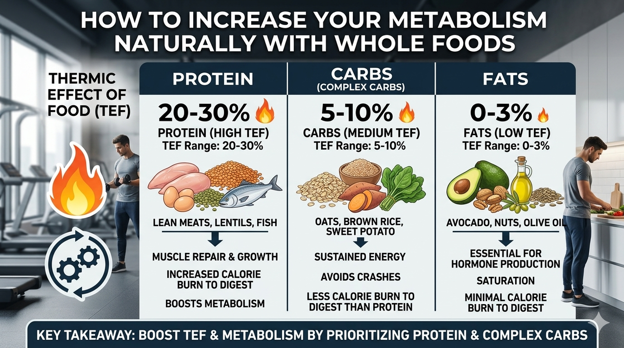 Chart comparing thermic effect of protein, carbs, and fats for how to increase your metabolism naturally with whole foods