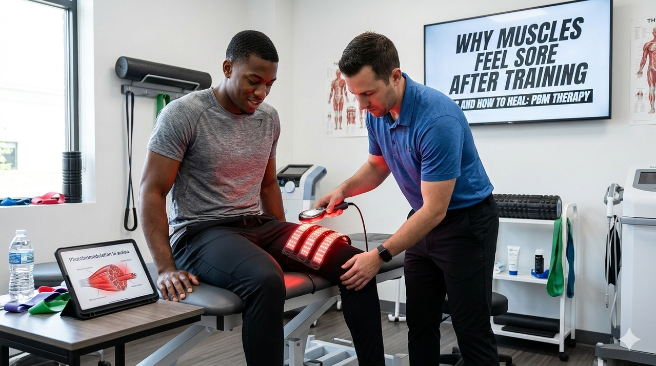 Athlete receiving photobiomodulation treatment on quadriceps for why muscles feel sore after training and how to heal