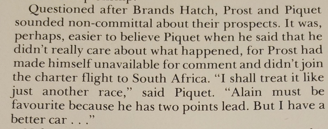 Piquet on the quality of Brabham and Renault cars 1983 (Autocourse 1983)