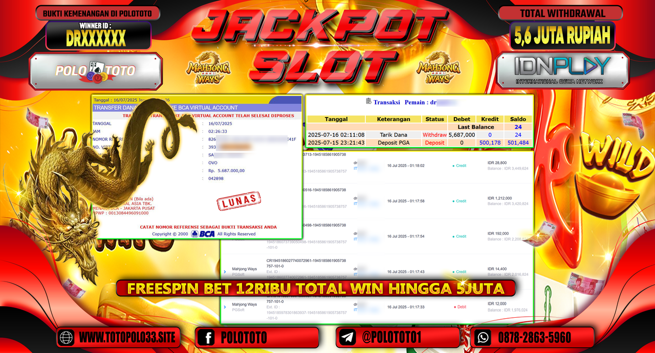 POLOTOTO JACKPOT SLOT MAHJONG WAYS Rp.5.600.000,- LUNAS