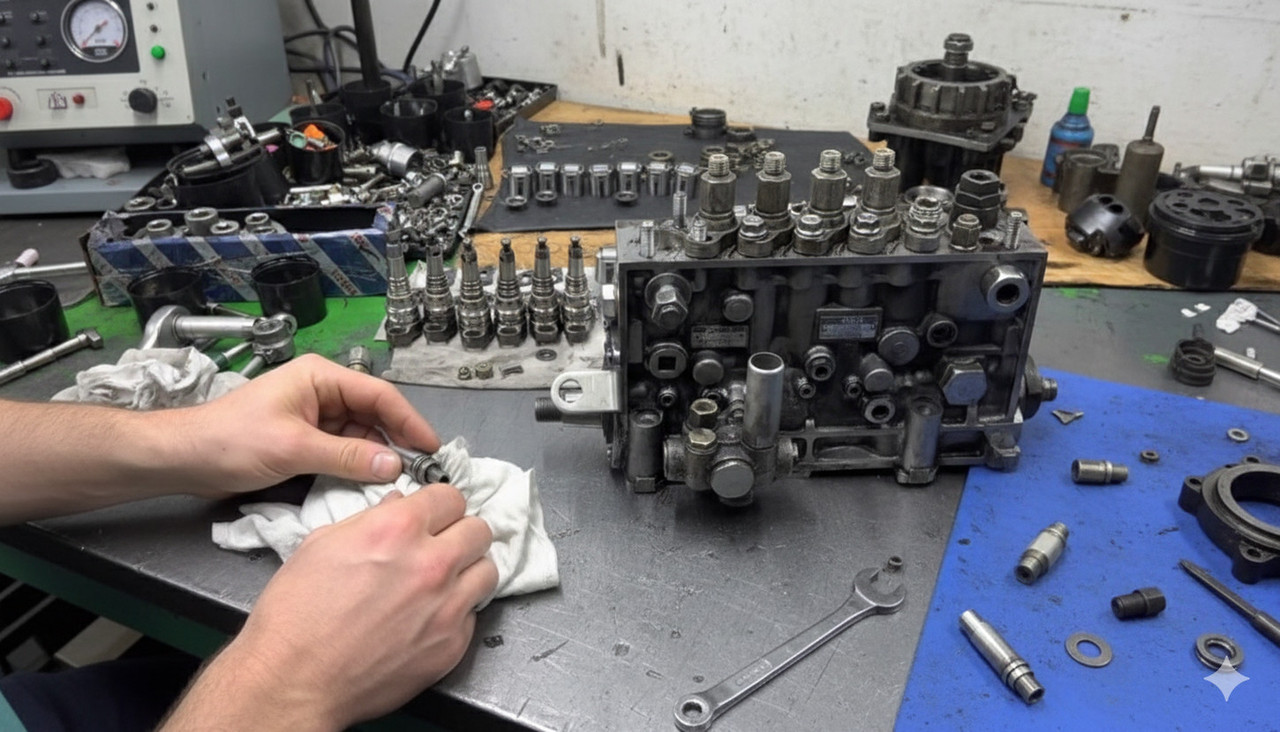 Рабочий стол с разложенными запчастями для ТНВД и инструментами