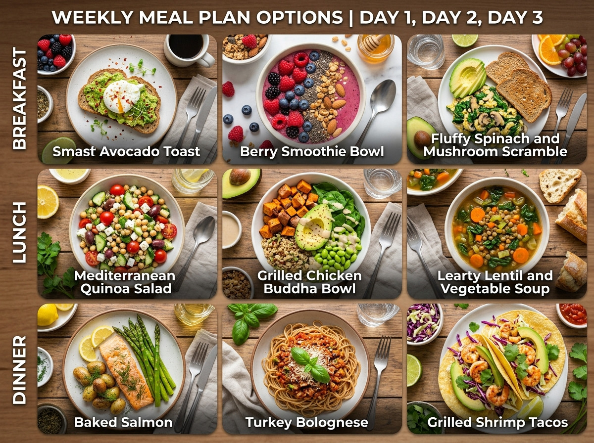 Collage of kidney-friendly recipes - breakfast, lunch and dinner from the 7-Day Meal Plan