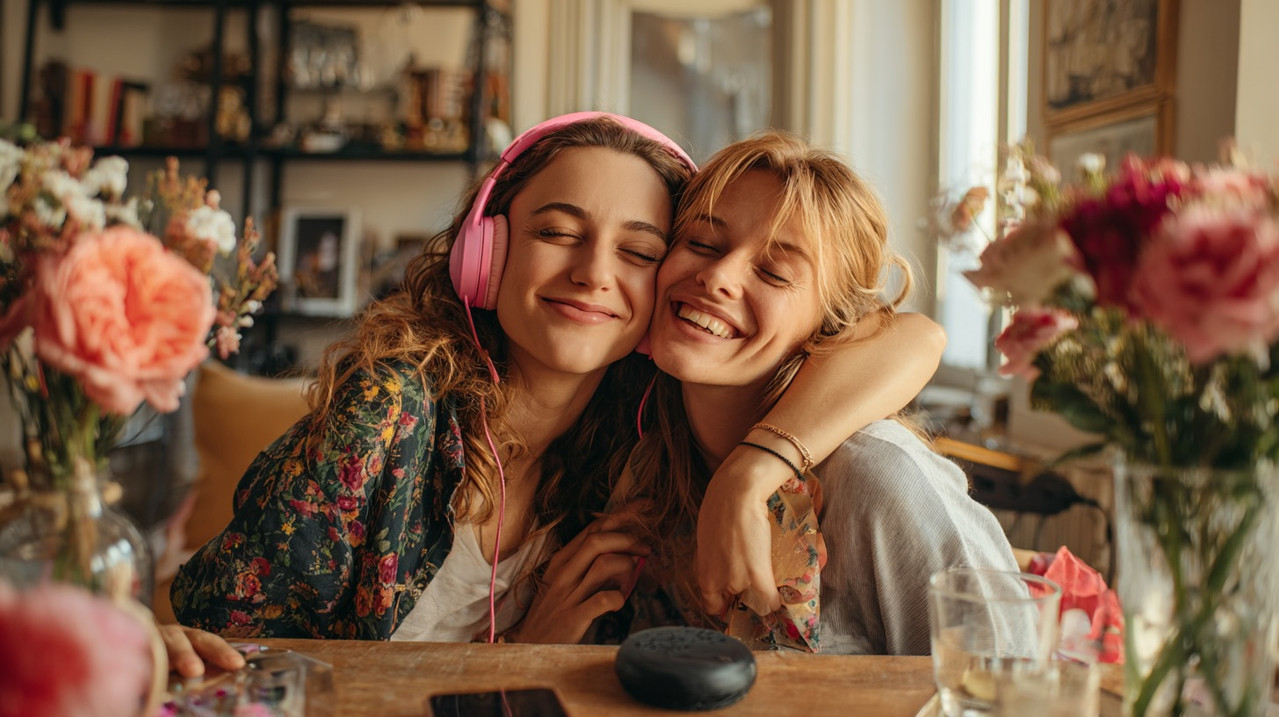 Подарок подруге на день рождения — девушка слушает персональную песню в наушниках и плачет от счастья