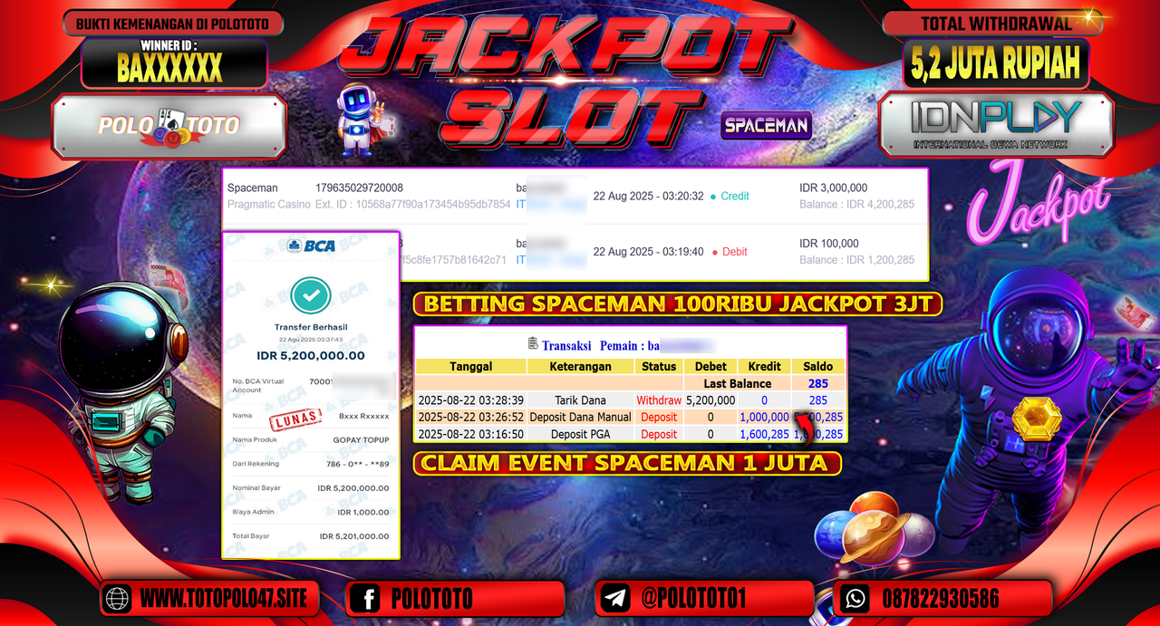 POLOTOTO JACKPOT SLOT SPACEMAN Rp.5.200.000,-