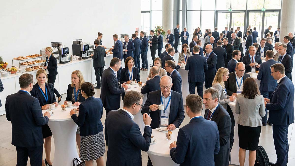 Зона кофе-брейка с высокими столами для нетворкинга