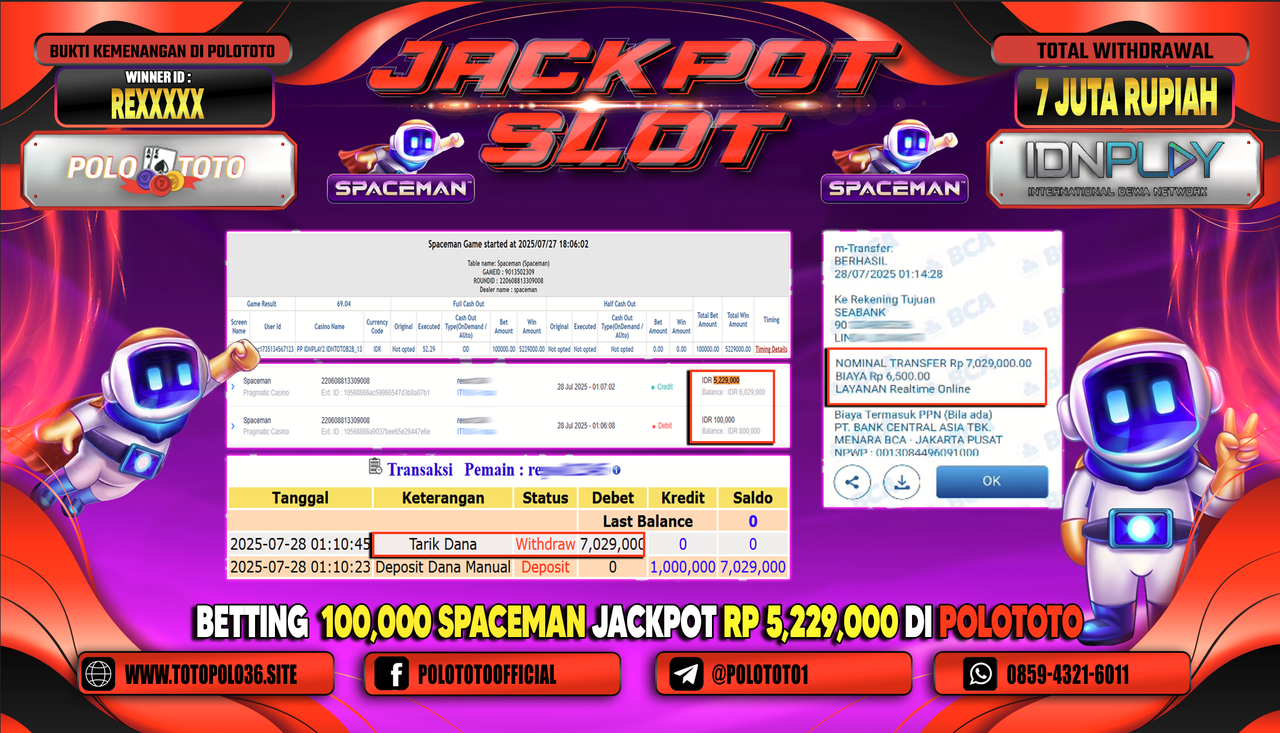 POLOTOTO JACKPOT SLOT SPACEMAN Rp.7.000.000,-LUNAS