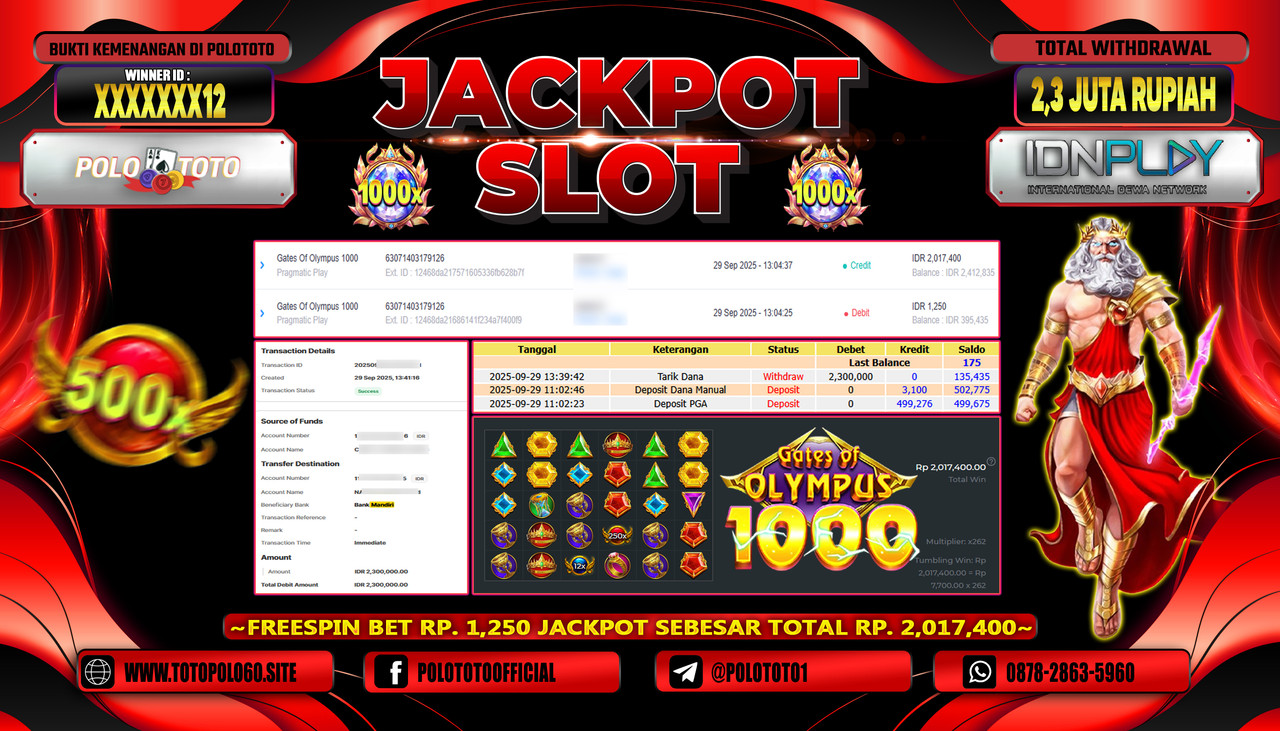 POLOTOTO JACKPOT SLOT GATES OF OLYMPUS 1000 Rp.2.300.000,- LUNAS