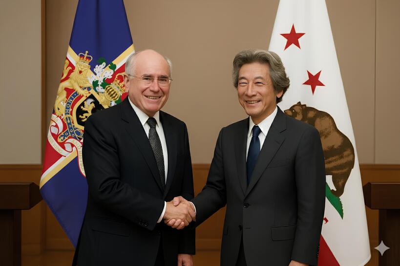 A gauche, le Chancelier austarien, James Calendor, serre la main au Ministre Fédéral westalien aux affaires étrangères, Henry Takajiwa, devant la presse.