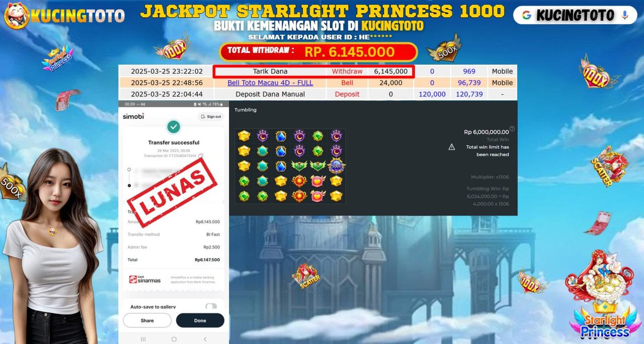 KUCINGTOTO JACKPOT SLOT STARLIGHT PRINCESS 1000 RP.6.145.000.,- LUNAS