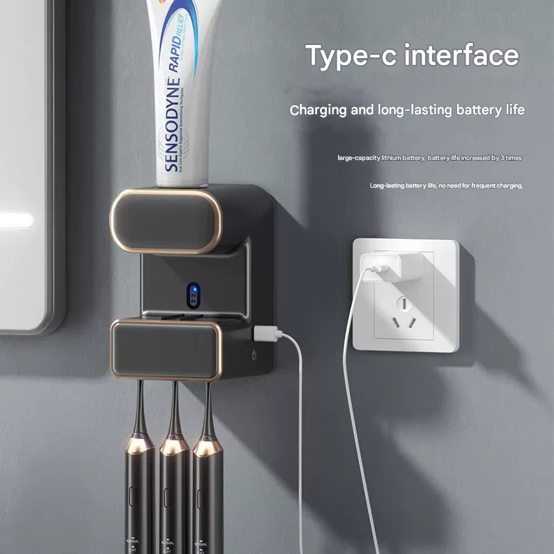 Automatic Toothpaste Dispenser with UVC Toothbrush Sterilizer & Holder - Wall Mounted, Rechargeable(Grey)