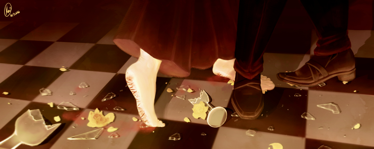 An illustration of Izanami Hifumi/Yumeno Gentaro (Hypnosis Mic), focused on their feet as they dance together. On the ground are broken champagne flutes, the shards of glass scattered all over, yellow roses, and traces of blood. Gentaro lacks shoes, his feet cut up by the glass and bleeding. 