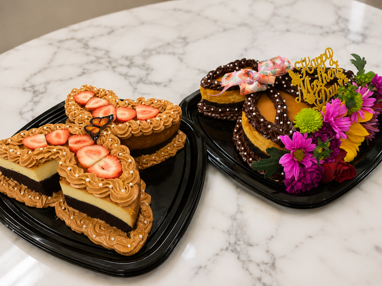 Butterfly and flower bouquet shaped choco flan from Postres Flores HNOS
