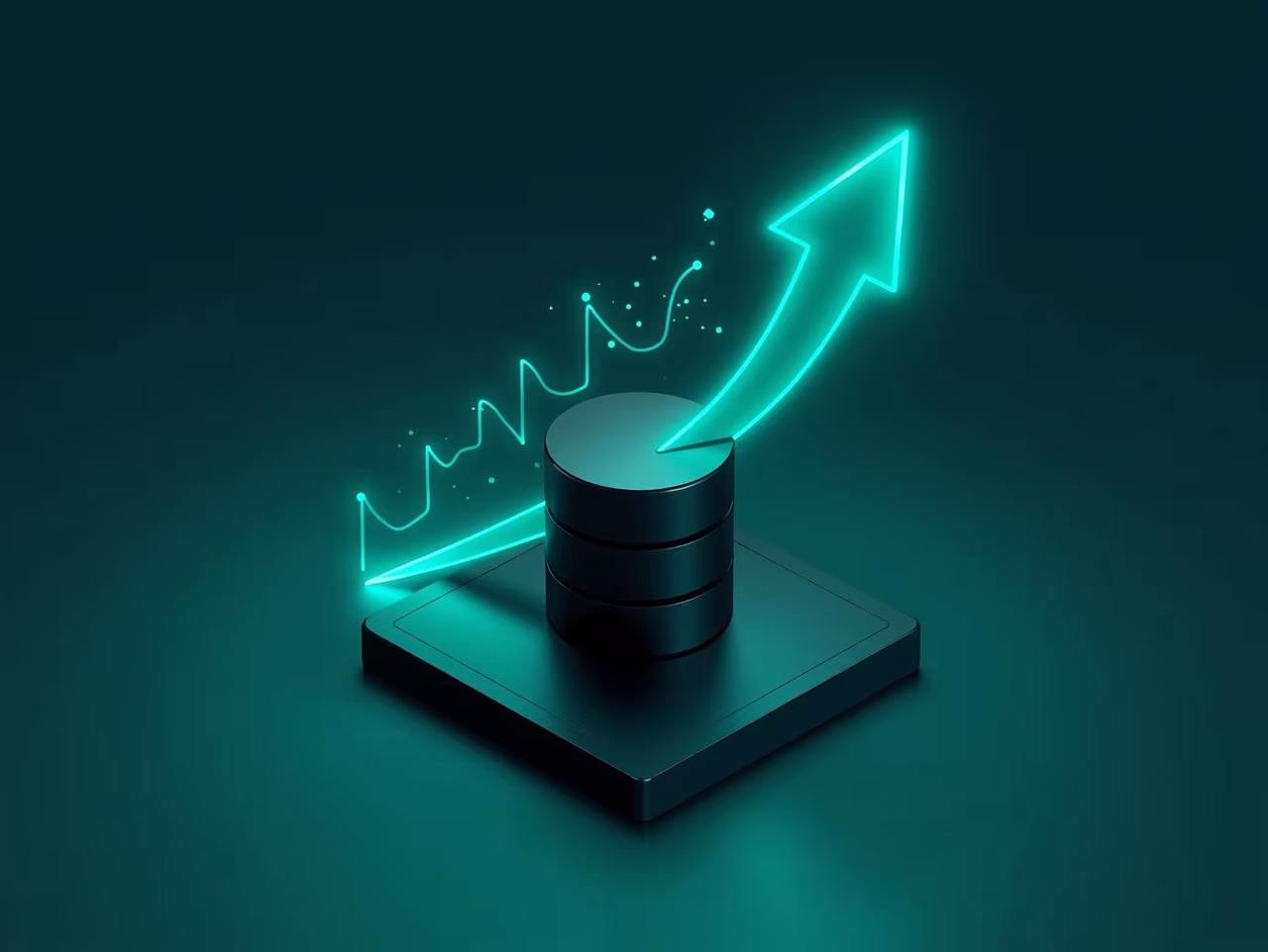 Two groups of database cylinders showing seamless data synchronization in a dark #004751 space.