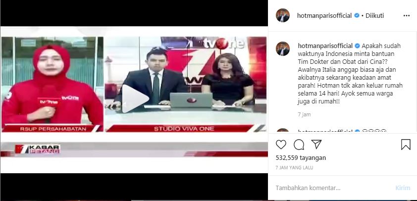 Unggahan Hotman Paris soal virus corona yang mewabah di Indonesia