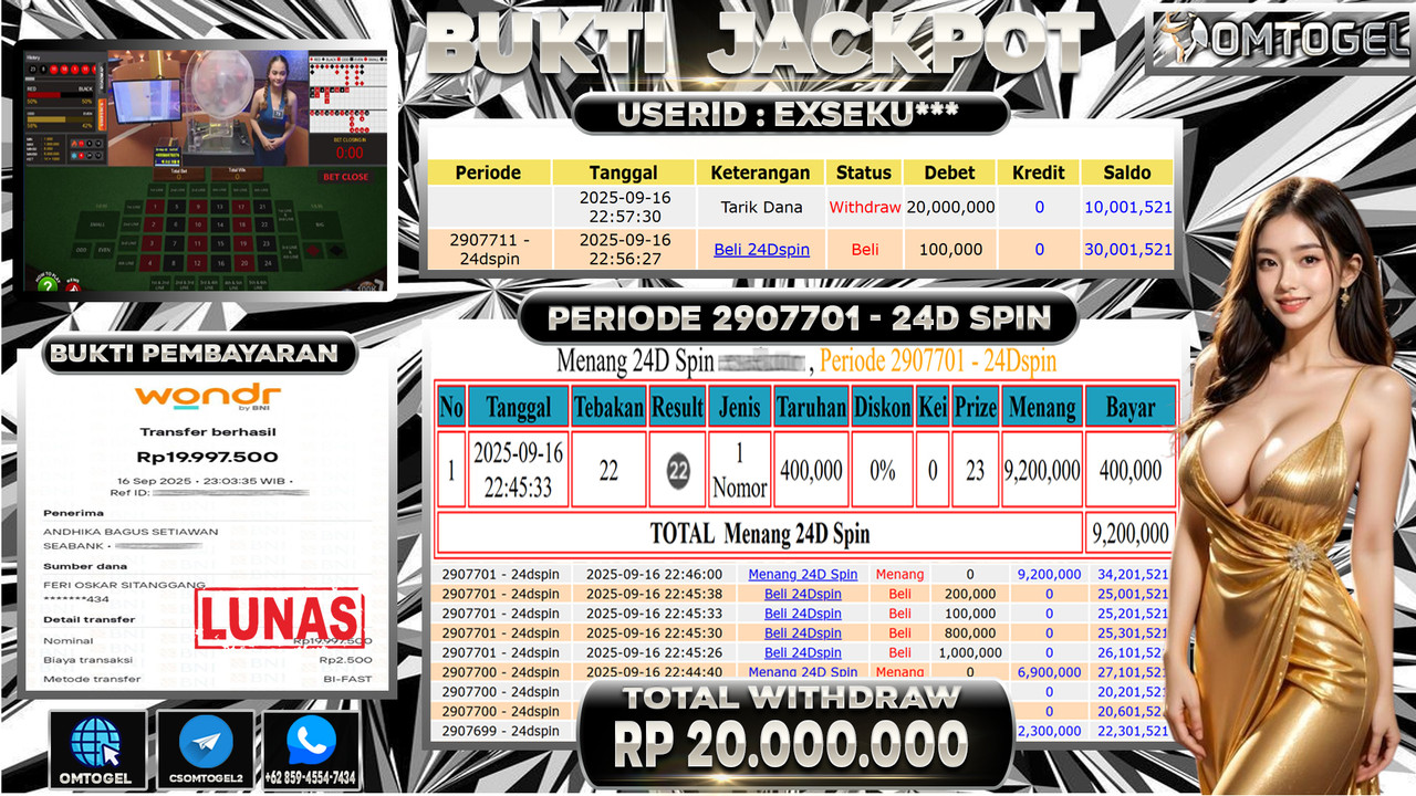OMTOGEL JACKPOT LIVE GAMES 24D SPIN 20 JUTA DI BAYAR LUNAS ,-