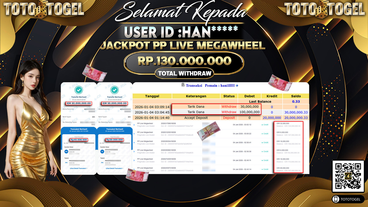 Bukti Pembayaran Jackpot Permainan Pragmatic Live PP Live Megawheel ID:HAN**** LUNAS