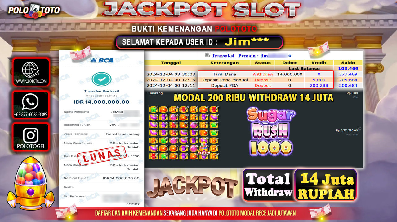 POLOTOTO JACKPOT SLOT SUGAR RUSH 1000 Rp.14,000.000,-