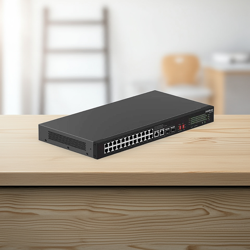 Detalhe da parte traseira do Switch Intelbras S1126F-PA.