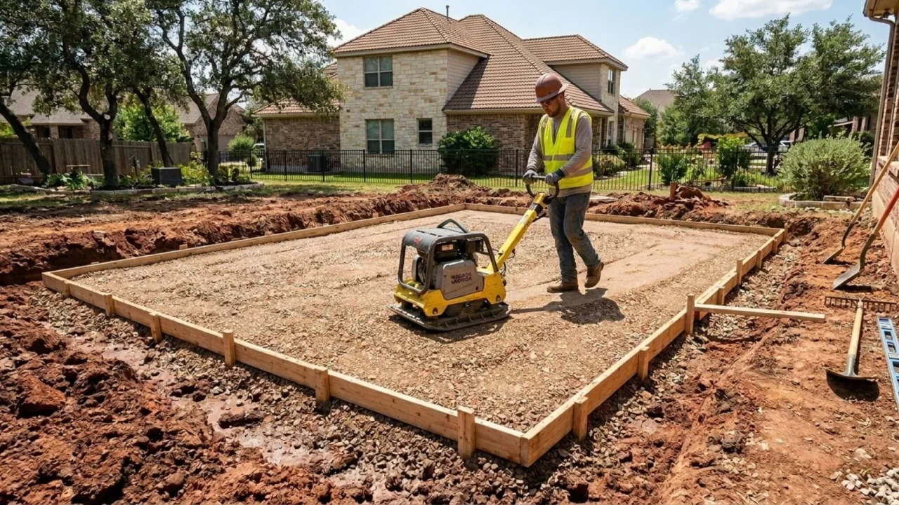 Properly compacted base preparation for concrete patio in San Antonio clay soil