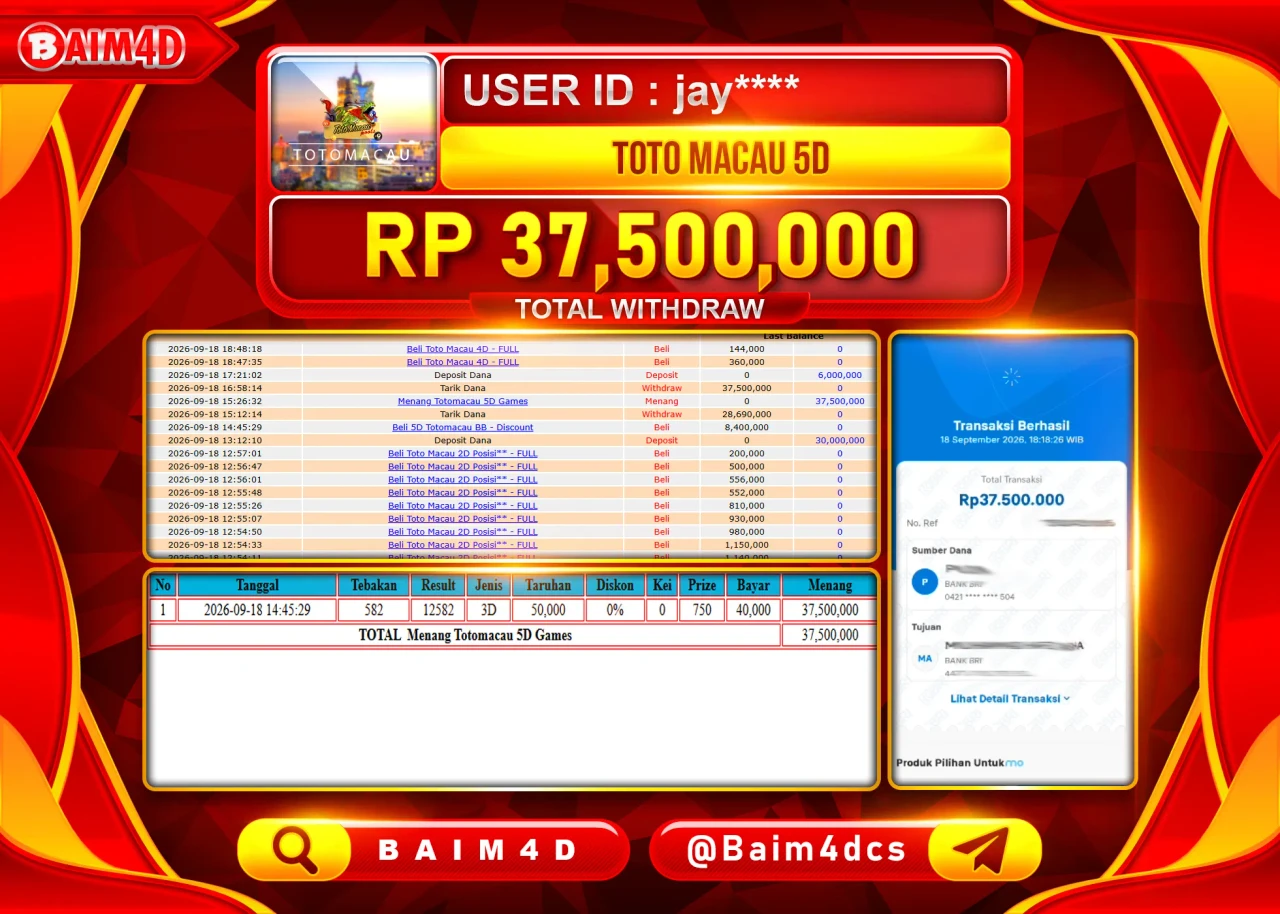 BAIM4D JACKPOT TOGEL PASARAN TOTO MACAU 5D Rp.37,500,000 - LUNAS