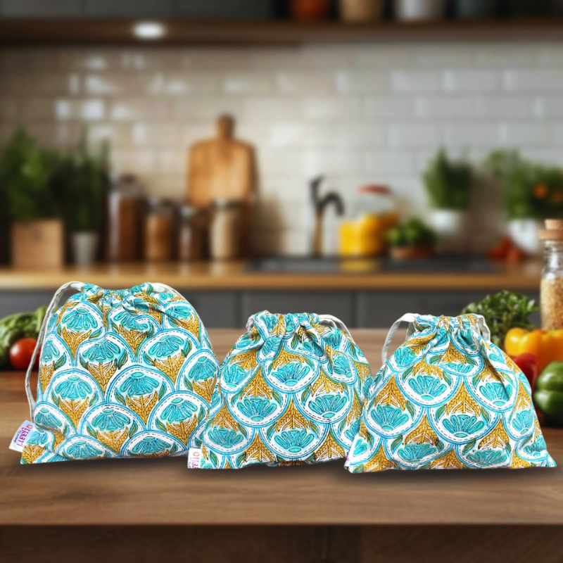 Reusable Hand Block Printed Fridge Bags (Set of 3) Pattern -4