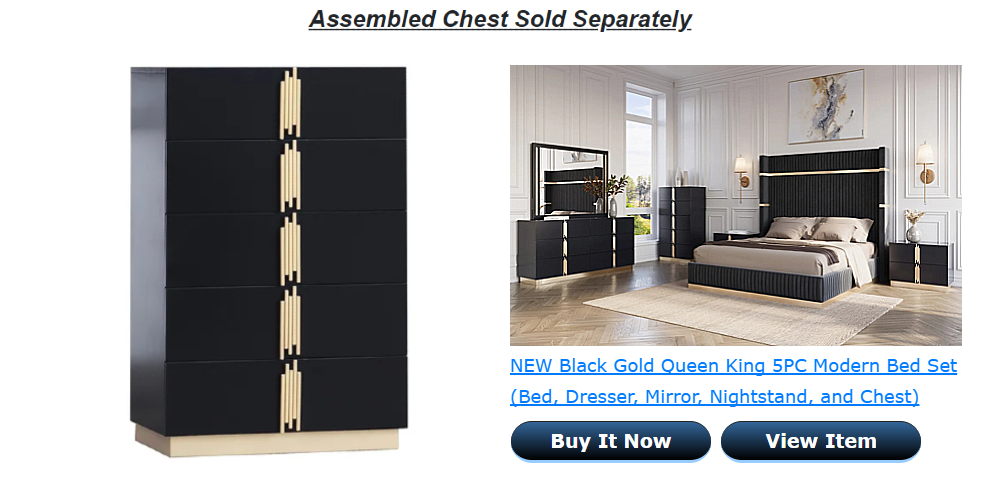 SLEEK Black Gold Queen King 4PC Bedroom Set Two-Tone Modern Furniture  Bed/D/M/N | eBay