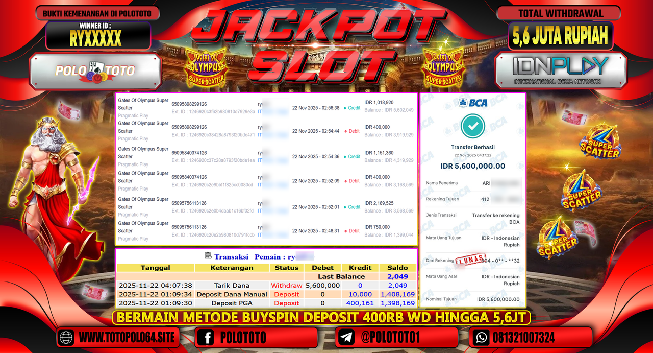 POLOTOTO JACKPOT SLOT GATES OF OLYMPUS SUPER SCATTER Rp.5.600.000,- LUNAS