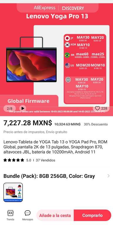 AliExpress: TABLETA LENOVO YOGA PRO 13 ( 8GB/256GB ) versión global
