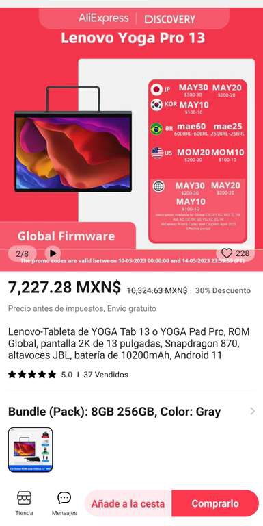 AliExpress: TABLETA LENOVO YOGA PRO 13 ( 8GB/256GB ) versión global 
