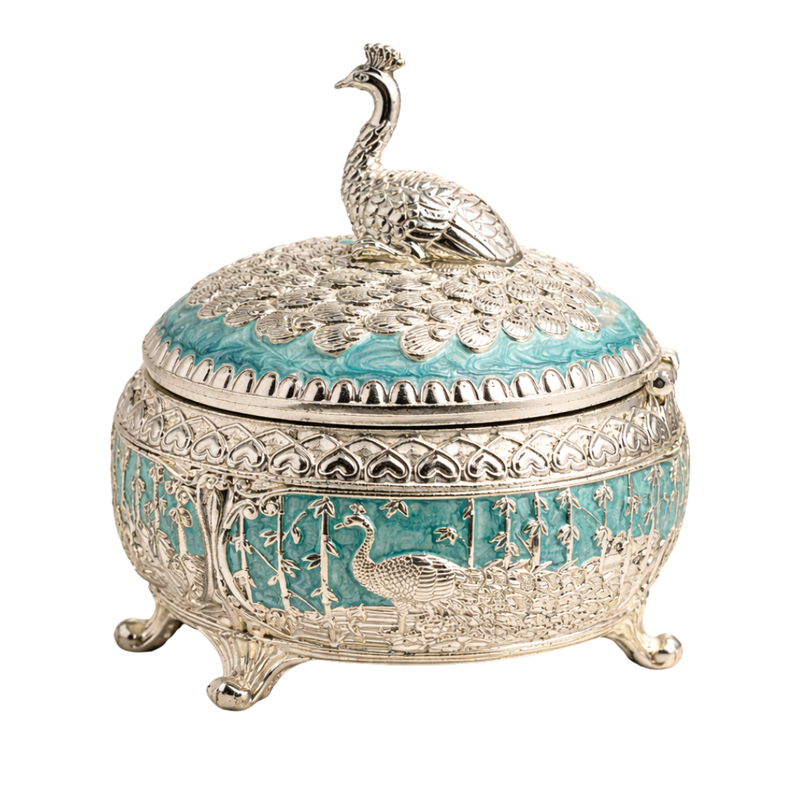 Peacock Round Mukhwas/sugar Pot Blue