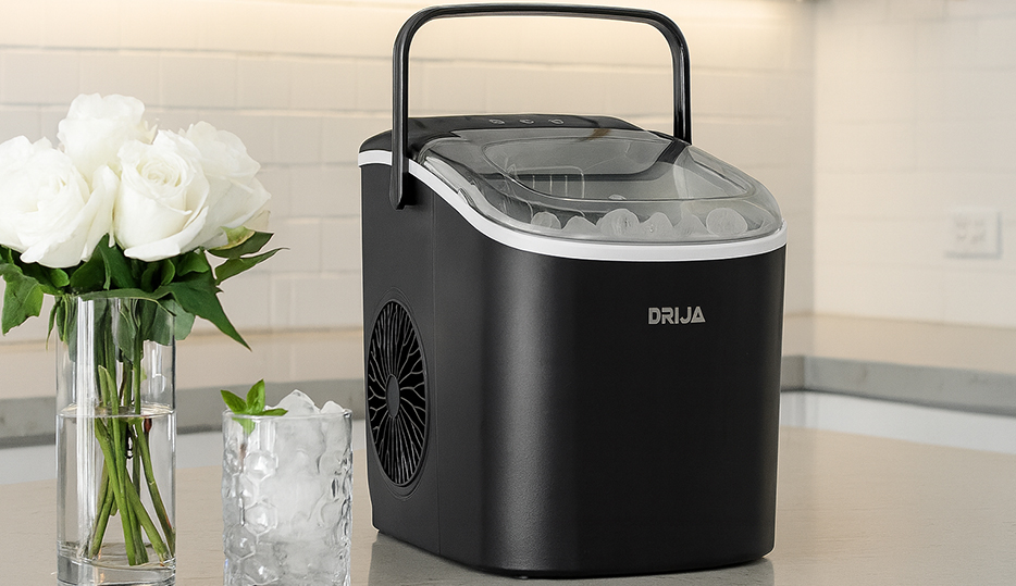 Fábrica de hielo portátil Drija FH12-BLACK en un elegante acabado negro pulido ideal para cocinas y áreas de entretenimiento