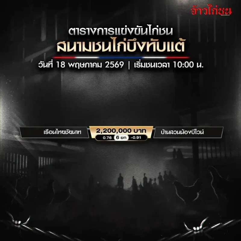 โปรแกรมไก่ชน สนามชนไก่บึงทับแต้ วันที่ 18 พฤษภาคม 2569