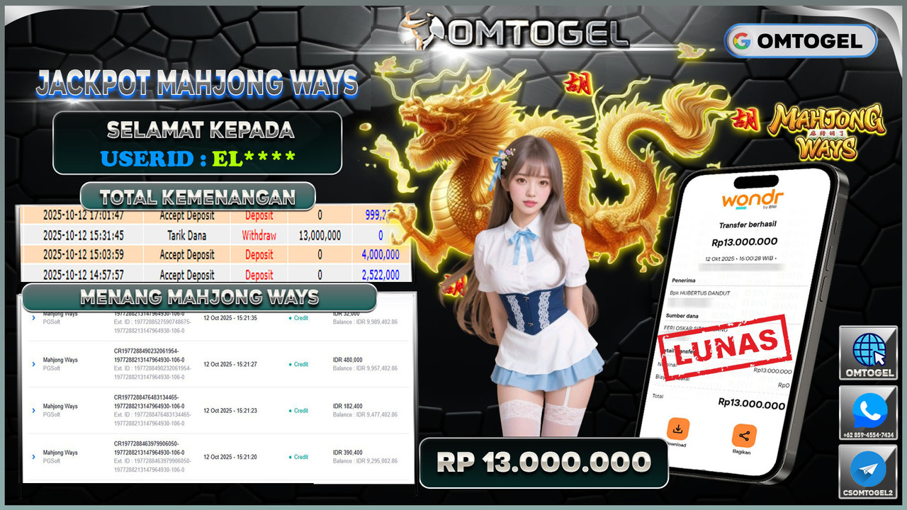 OMTOGEL JACKPOT PGSOFT MAHJONG WAYS 13 JUTA DI BAYAR LUNAS ,-