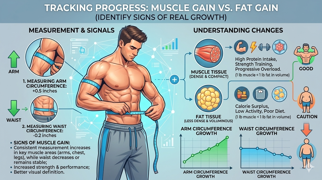 Person using tape measure to track arm and waist circumference to identify signs you are actually gaining muscle, not just fat