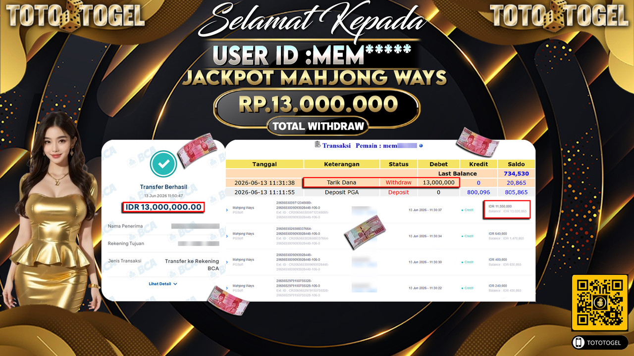 Bukti Pembayaran Jackpot Permainan Slot Mahjong Ways ID:MEM*****LUNAS