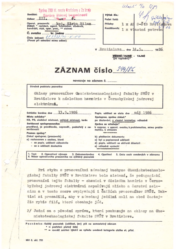 ÚPN: ŠtB o dohre Černobyľa na západnom Slovensku.