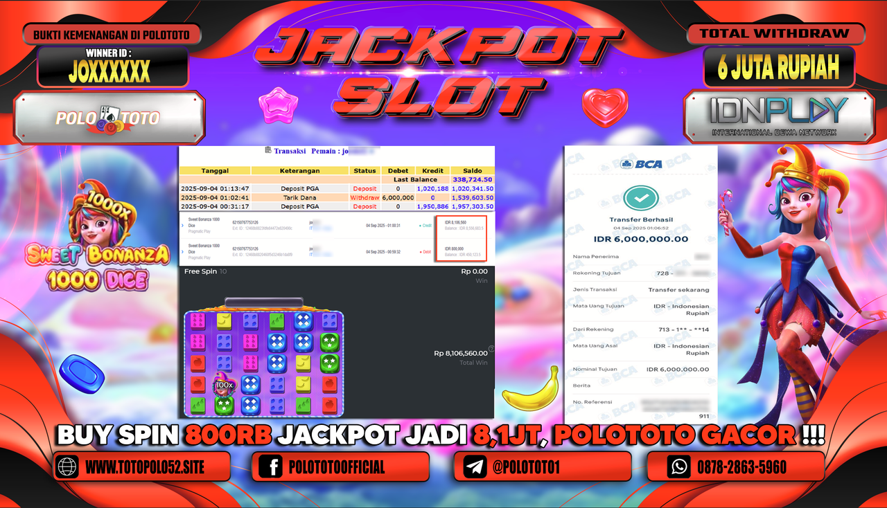 POLOTOTO JACKPOT SLOT SWEET BONANZA 1000 DICE Rp.6.000.000,-