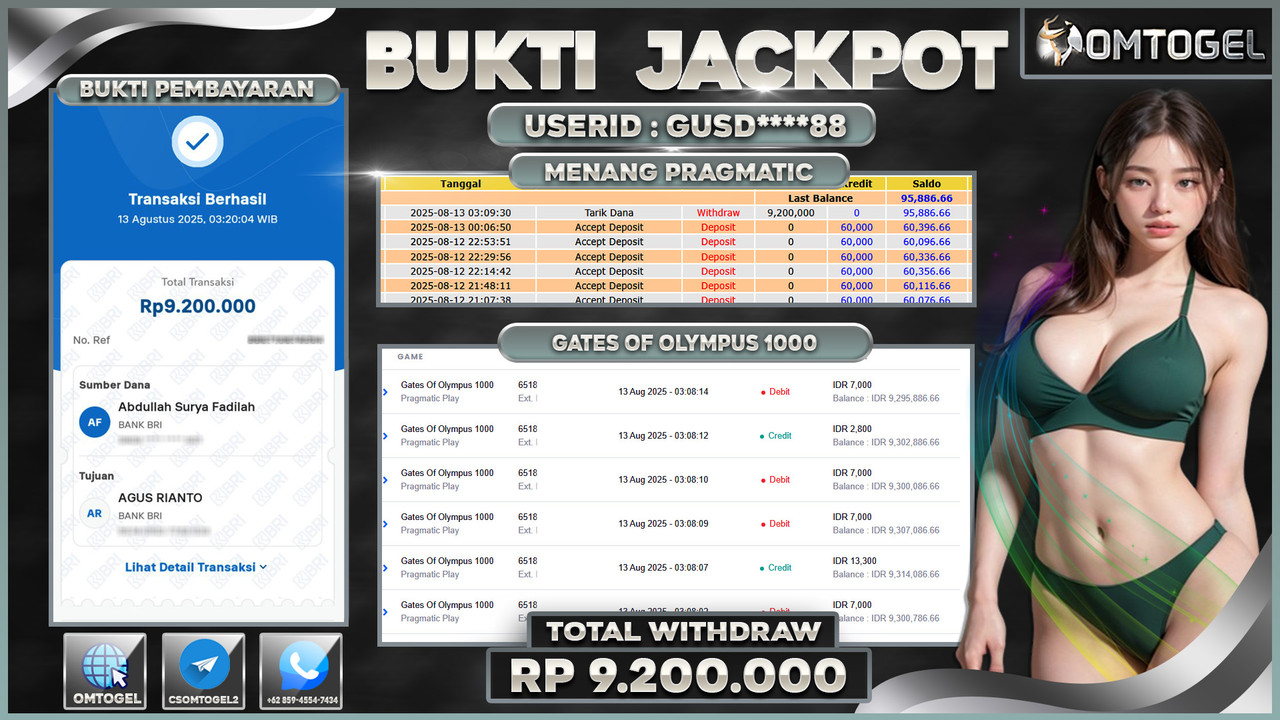 OMTOGEL JACKPOT PRAGMATIC PLAY GATES OF OLYMPUS 1000 9 JUTA DI BAYAR LUNAS ,-