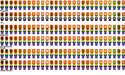 a row of people with pride flag shirts and ginger hair