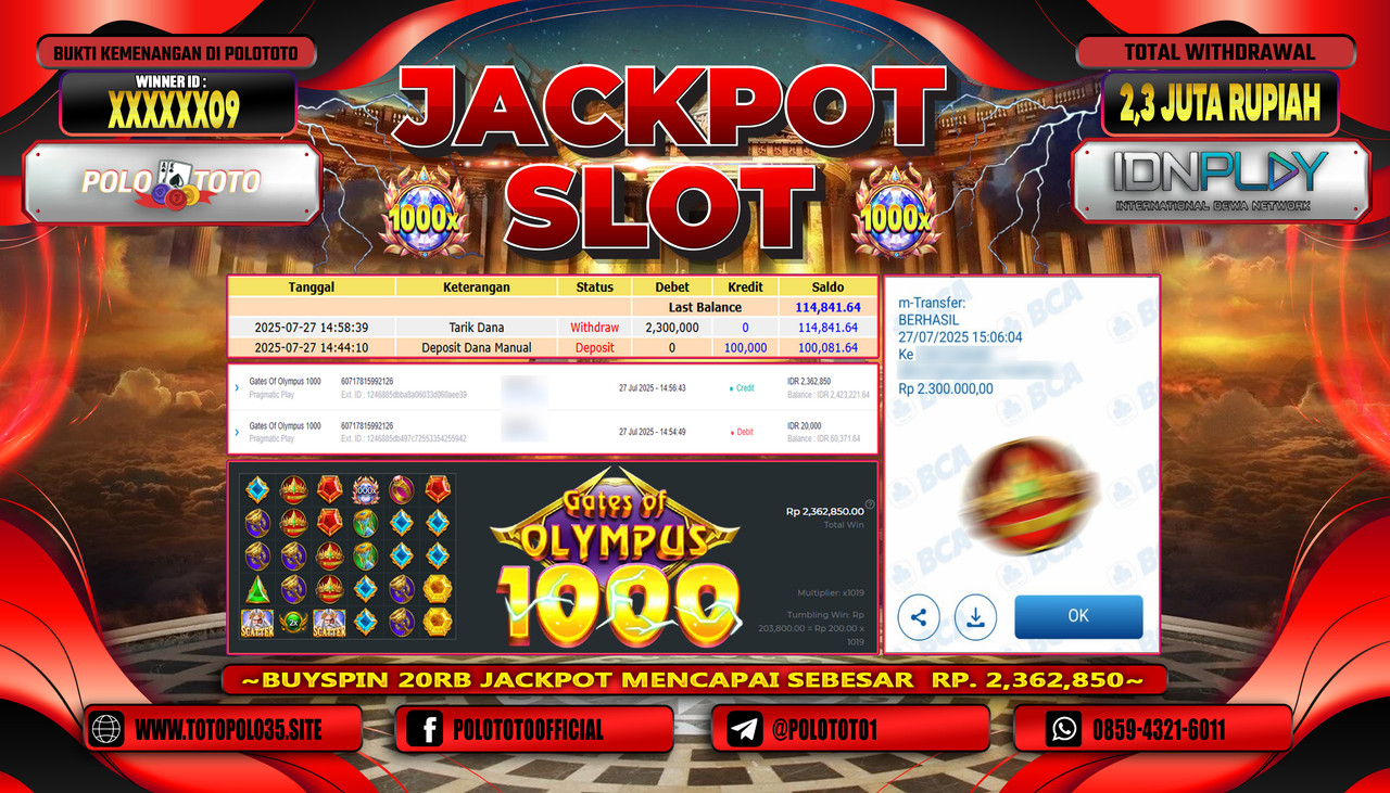 POLOTOTO JACKPOT SLOT GATES OF OLYMPUS 1000 Rp.2.300.000,-LUNAS
