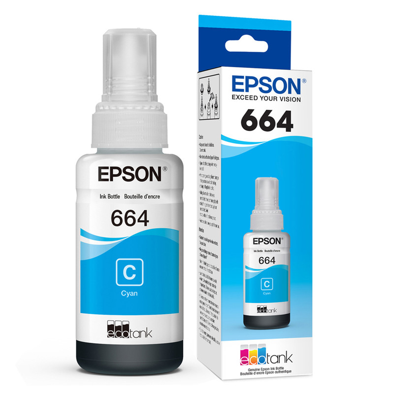 Botella de tinta original Epson 664 de color cian.