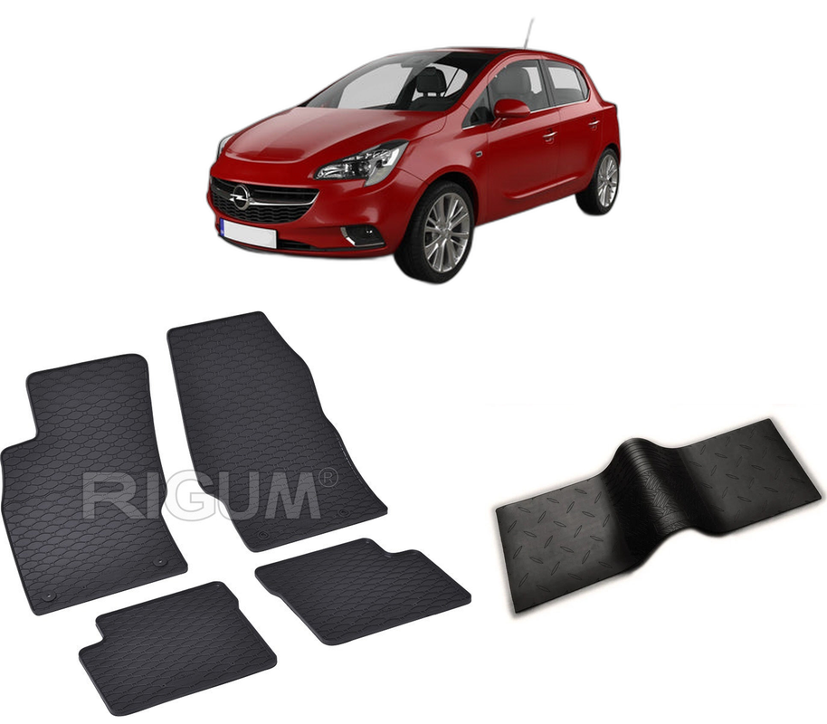 Set covorase auto OPEL CORSA E din 12.2014-05.2019, cu covoras tunel median, CAROSERIE HATCHBACK, Presuri cauciuc 100%, compatibil cu autoturismul OPEL CORSA E, Rigum