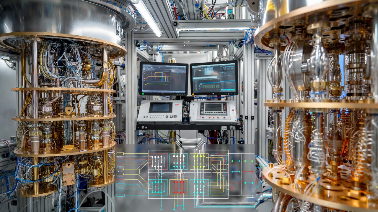 Quantum computing qubit architecture showing superconducting circuits and quantum states