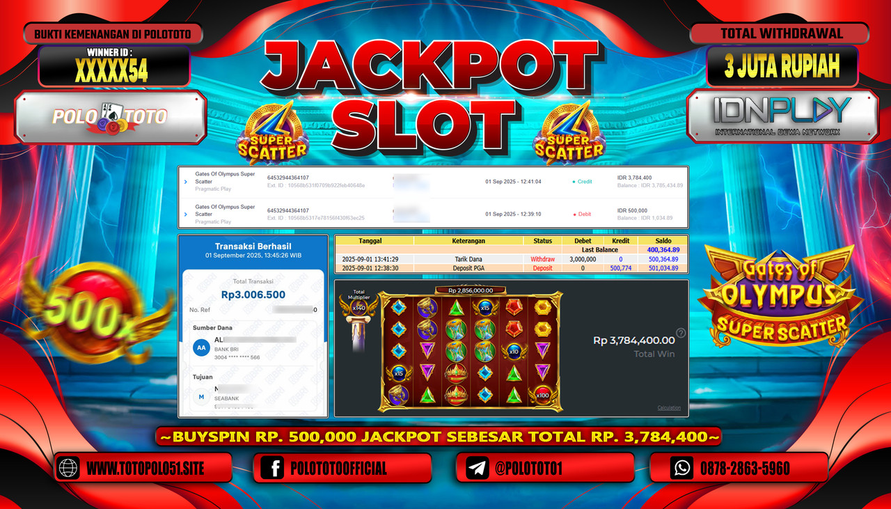 POLOTOTO JACKPOT SLOT GATES OF OLYMPUS SUPER SCATTER Rp.3.000.000,- LUNAS
