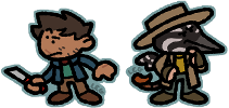 Drawing of two simplified characters, a human man and an anthro woodpecker.