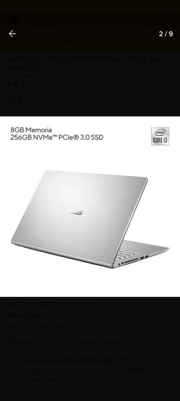 Mercado Libre: Laptop Asus Vivobook 15 Intel I3 8gb + 256gb Ssd 
