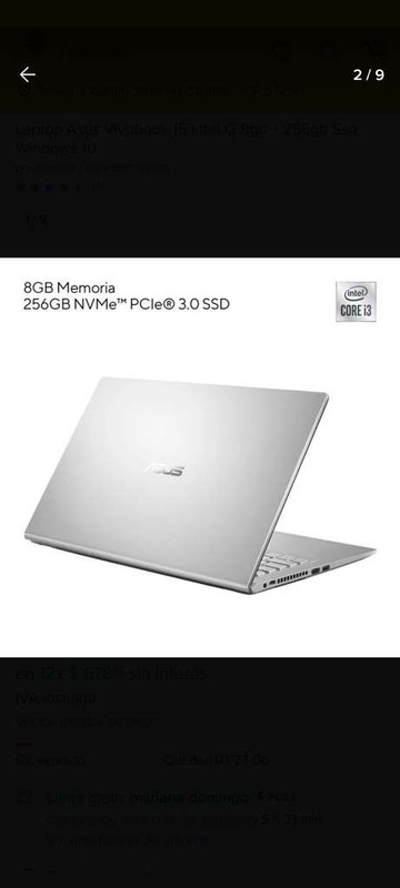 Mercado Libre: Laptop Asus Vivobook 15 Intel I3 8gb + 256gb Ssd