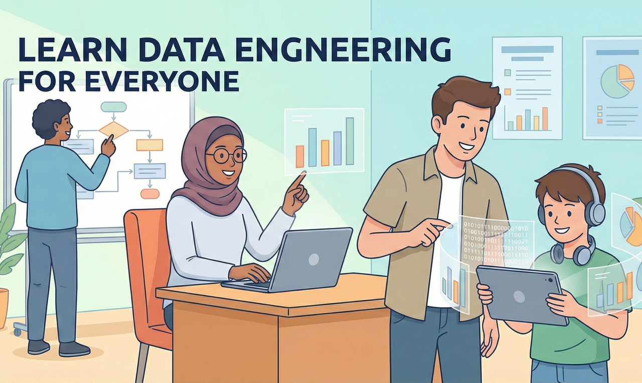 Person practicing data engineering on a laptop with charts, Python code, and database icons floating