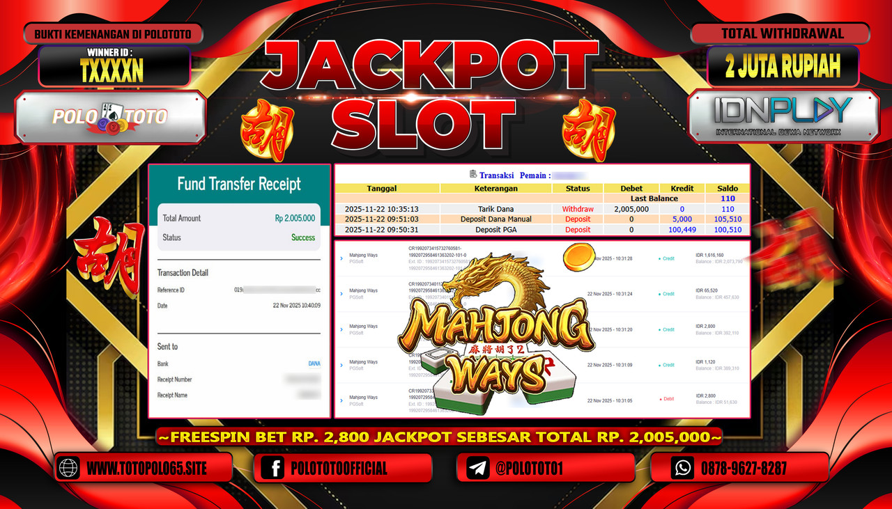 POLOTOTO JACKPOT SLOT MAHJONG WAYS Rp.2.000.000,- LUNAS
