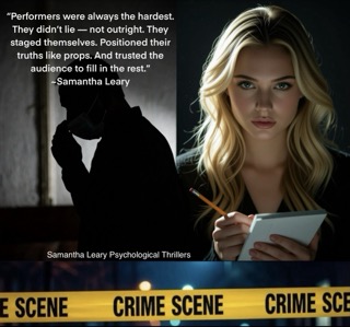 Samantha Leary stands in shadow, tense and alert, facing the outline of a mysterious man, suggesting a confrontation and the threat of hidden danger.